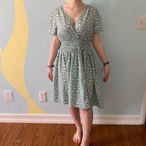 Blue, heart print v neck midi dress